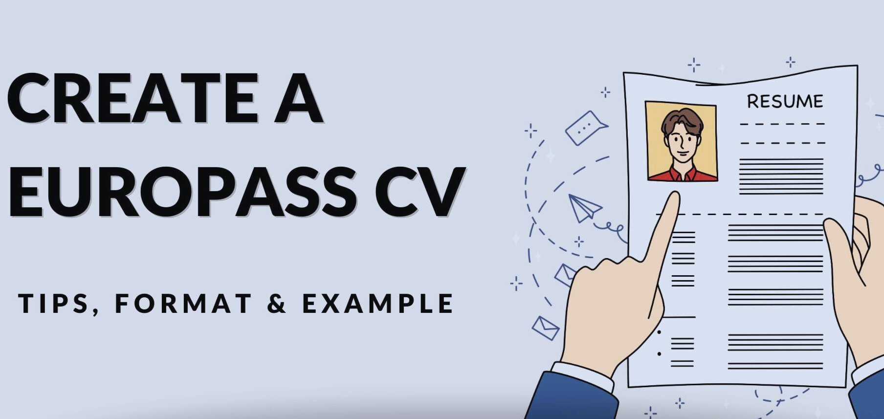 Illustration of creating a Europass CV with tips, format, and example displayed on a document.
