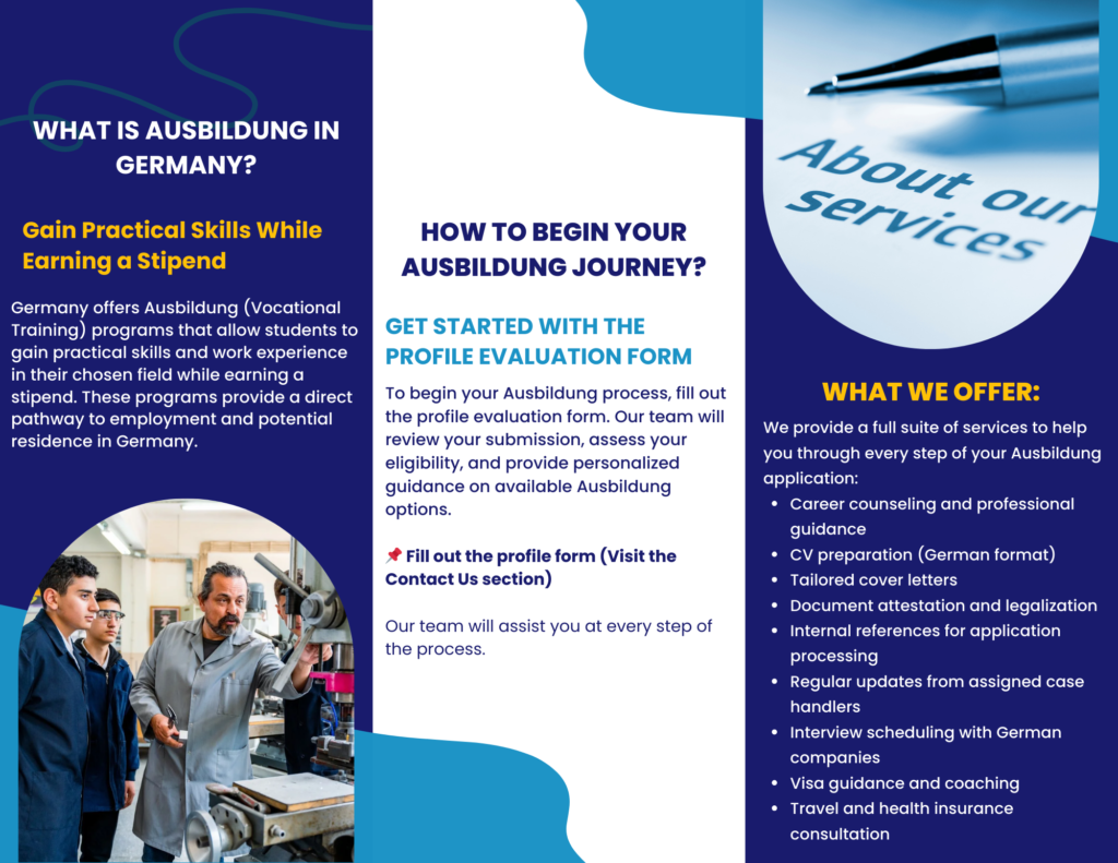 Informational poster about Ausbildung in Germany, explaining practical skills training, earning stipends, and services offered by AccessFuture.