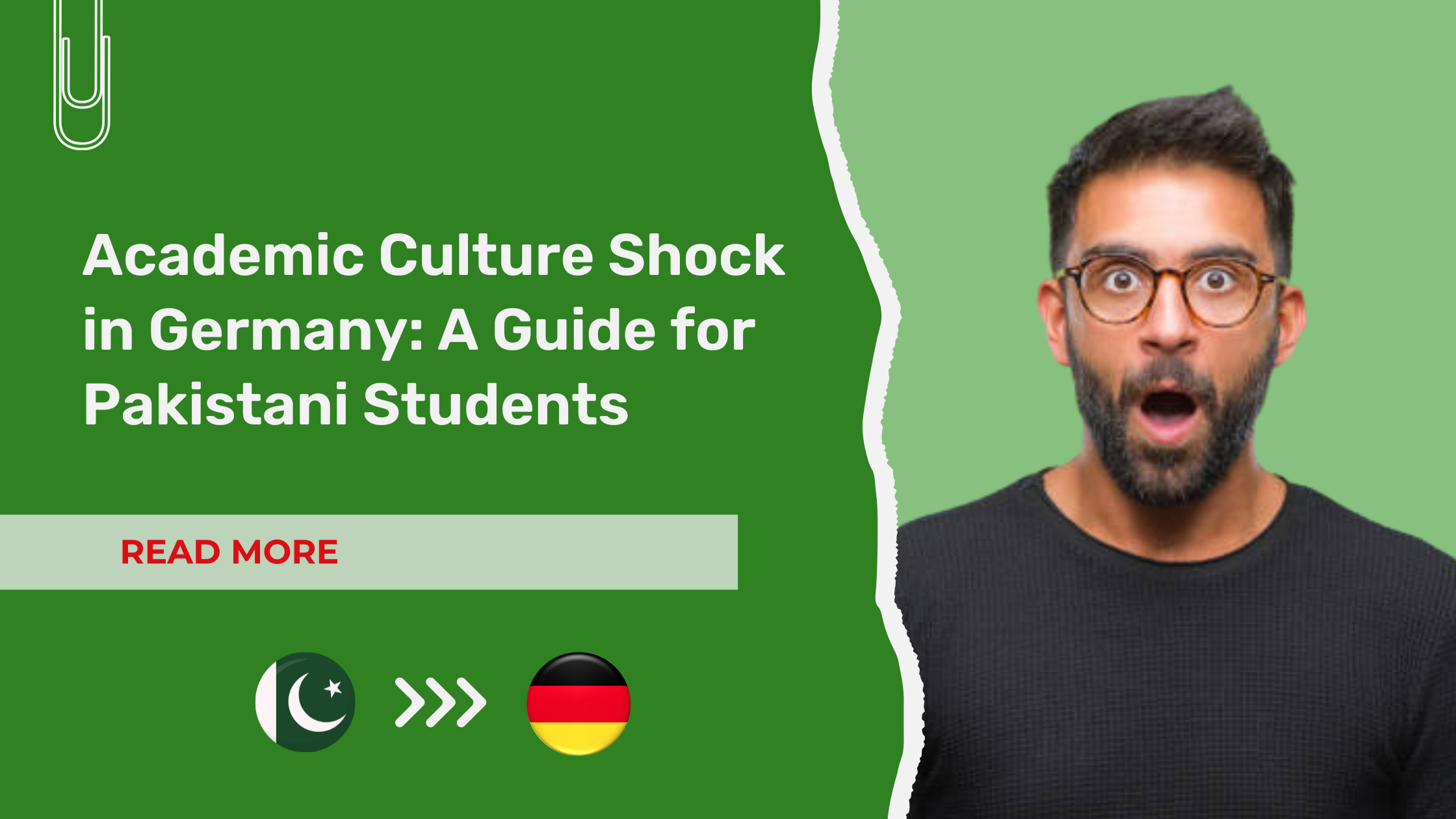 A surprised man with glasses on a green background beside text that reads: "Academic Culture Shock in Germany: A Guide for Pakistani Students." Below the text are the Pakistani and German flags with arrows pointing from Pakistan to Germany.