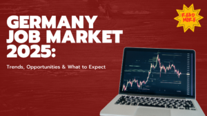 Red-themed graphic titled "Germany Job Market 2025" with a laptop displaying a stock market chart, highlighting trends and forecasts in employment.