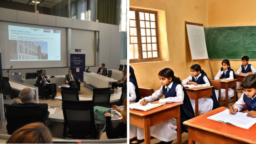 "Comparison of Pakistani traditional classroom versus German university lecture hall showing academic culture differences"