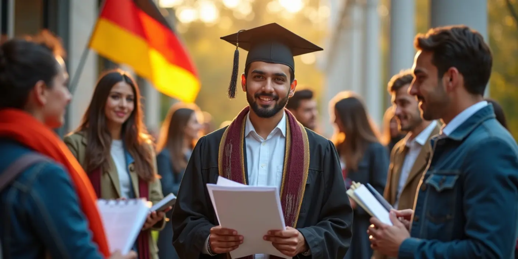 Successful Pakistani graduate celebrating completion of Germany university degree after overcoming academic culture shock