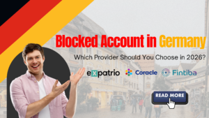 Blog cover banner titled 'Blocked Account in Germany: Which Provider Should You Choose in 2026?' featuring a man gesturing toward the Expatrio, Coracle, and Fintiba logos, with a German street scene and flag colors in the background, and a 'Read More' button