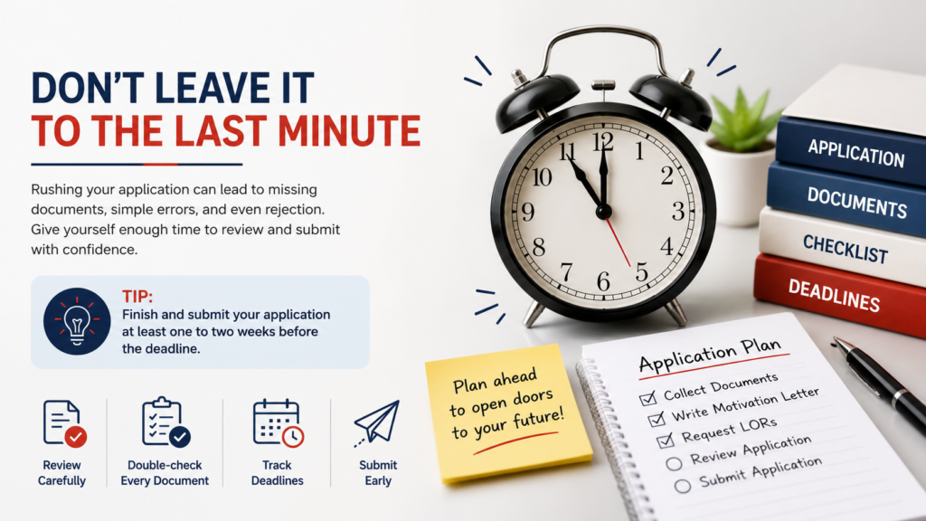 Student planning a university application early with an application checklist, documents, and alarm clock, highlighting how to avoid university application mistakes before the deadline.