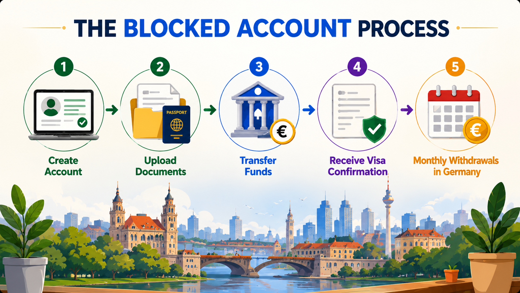 Five-step infographic of the blocked account process: create account, upload documents, transfer funds, receive visa confirmation, monthly withdrawals in Germany