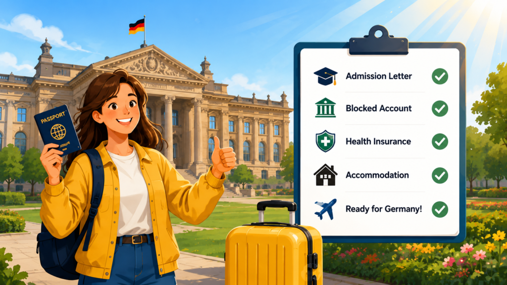 Student holding a passport and giving a thumbs up next to a checklist: admission letter, blocked account, health insurance, accommodation, ready for Germany