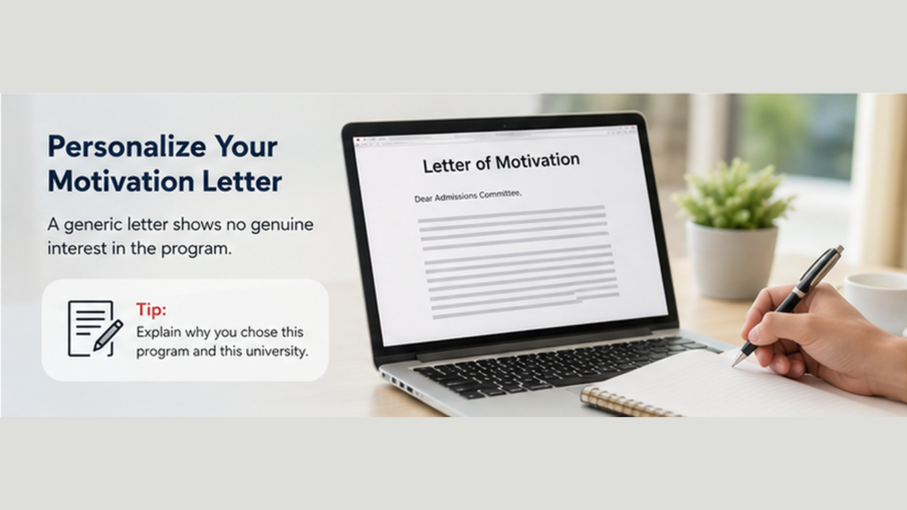 Laptop displaying a personalized letter of motivation being written for a university application