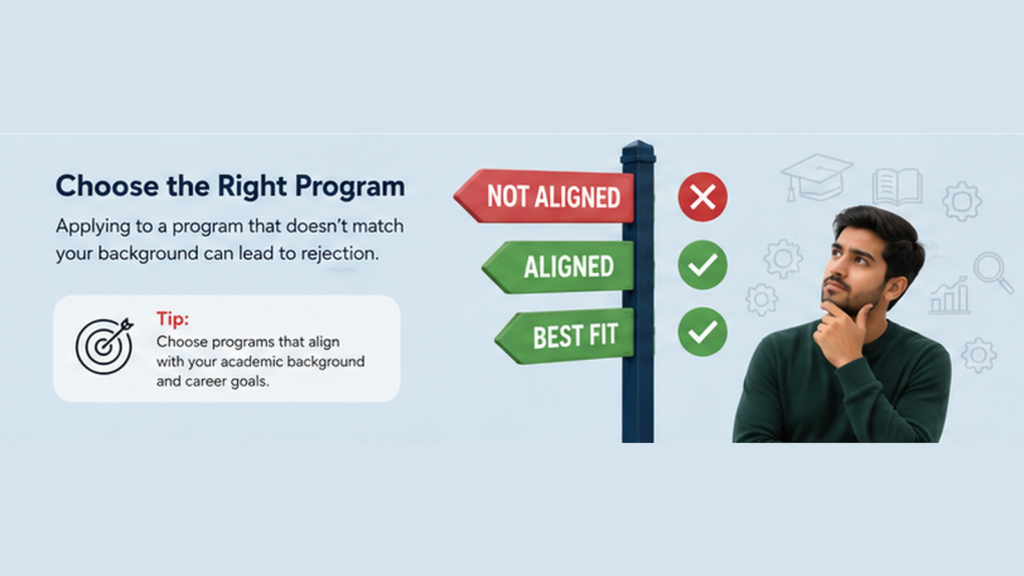 Signpost showing "not aligned," "aligned," and "best fit" paths, illustrating how to choose a university program that matches your academic background