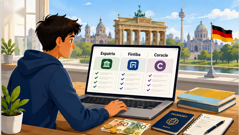 Student comparing Expatrio, Fintiba, and Coracle blocked account options on a laptop with the Berlin skyline in the background
