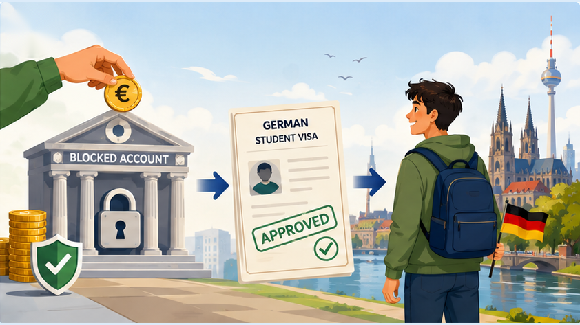 Illustration of funds being deposited into a blocked account, followed by an approved German student visa