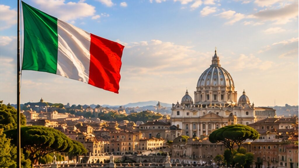 Study in Italy for Pakistani Students – Italian flag flying over Rome with St. Peter's Basilica