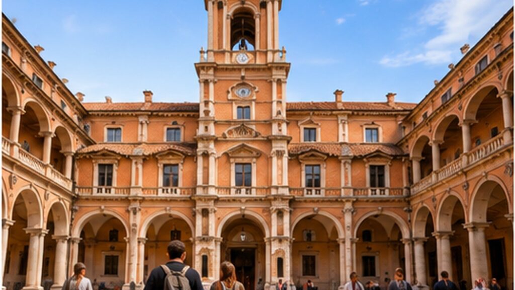 Students walking through the courtyard of a historic Italian university