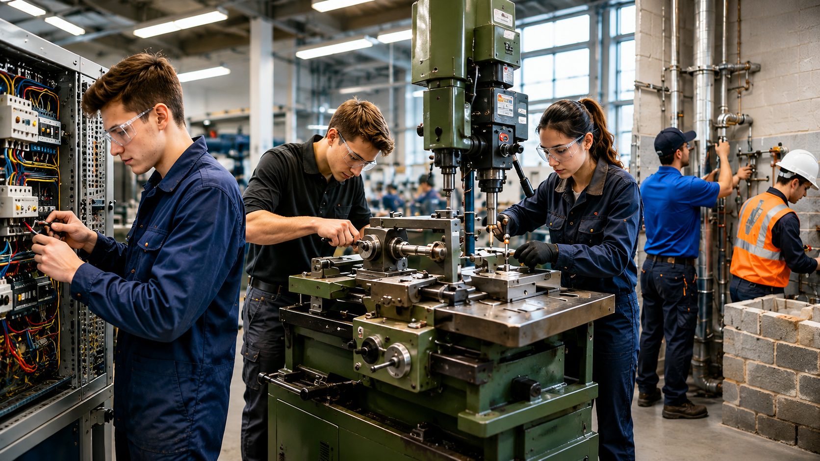 Apprentices training in technical Ausbildung trades in Germany, including electricians working on a wiring panel, industrial mechanics operating a drill press, and a plumber installing HVAC piping