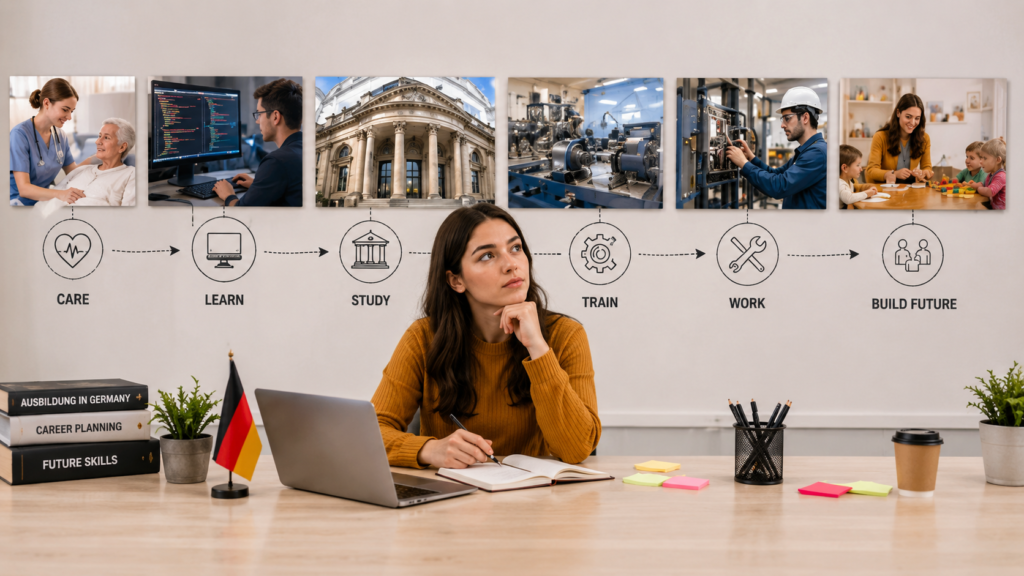 Flowchart illustration of a young woman planning her Ausbildung career path in Germany, connected by icons to nursing, IT, banking, mechanical trades, electrical work, and early childhood education career options