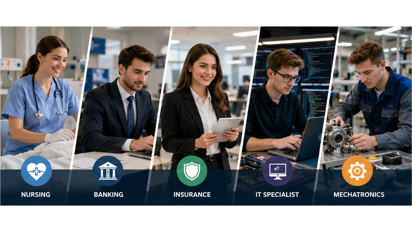 Five-panel collage showing the top paying Ausbildung careers in Germany: a nurse with a patient, a banker at a desk, an insurance advisor with a tablet, an IT specialist coding, and a mechatronics apprentice working on machinery